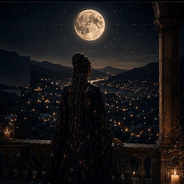 Selene, seen from behind, standing at a stone balustrade overlooking a moonlit city, the full moon overhead