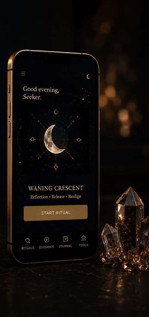 Concept preview of the Moon & Method app on a gold-edged phone: 'Good evening, Seeker' above a waning crescent moon and a Start Ritual button