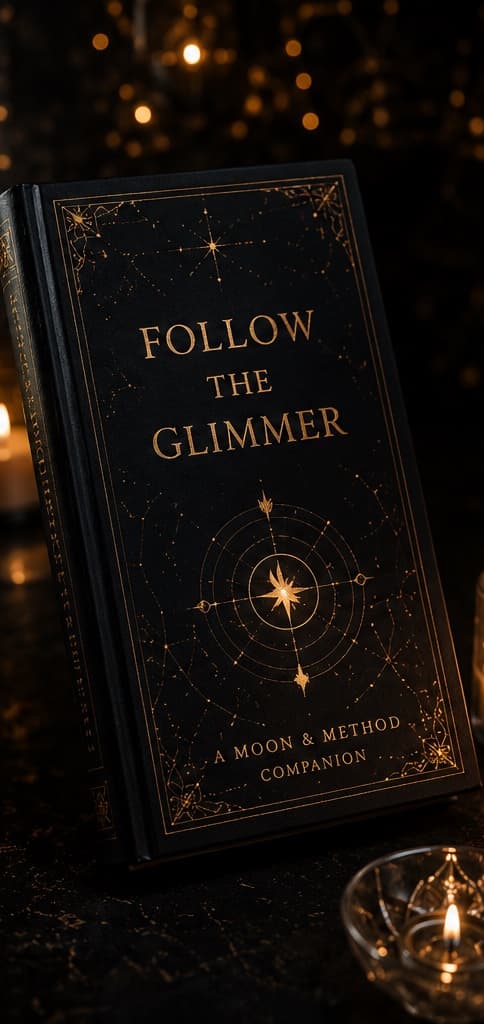 Follow the Glimmer — black linen hardcover with gold constellation cover art, standing in candlelight