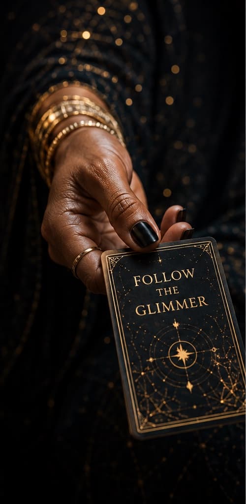 Selene's hand, wearing gold rings and bracelets, offering the Follow the Glimmer card from darkness